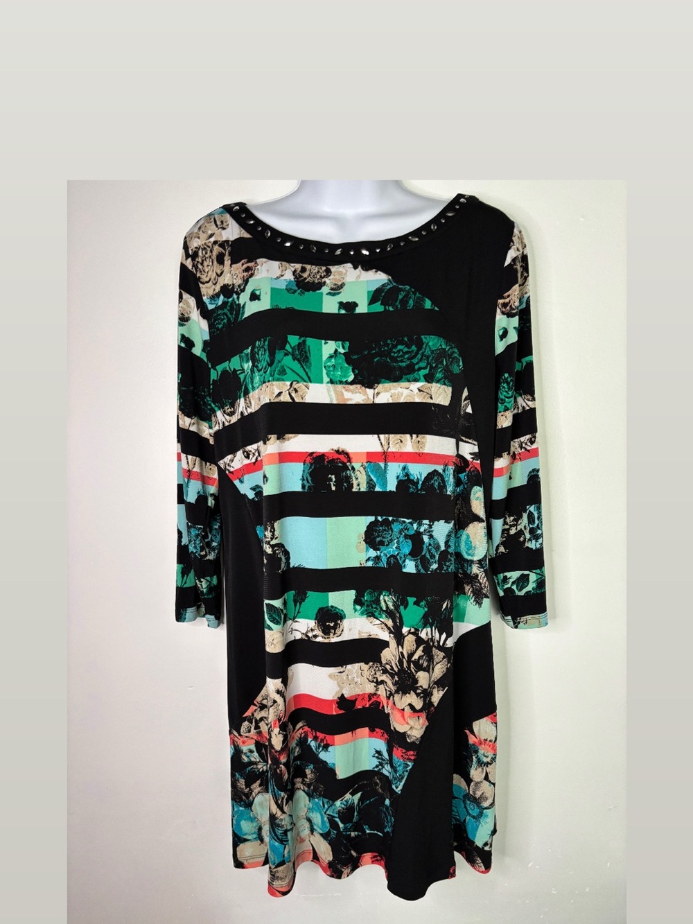 Style & Co. Women's Black Floral Shift Dress Round Neck 3/4 Sleeve Knee Size L